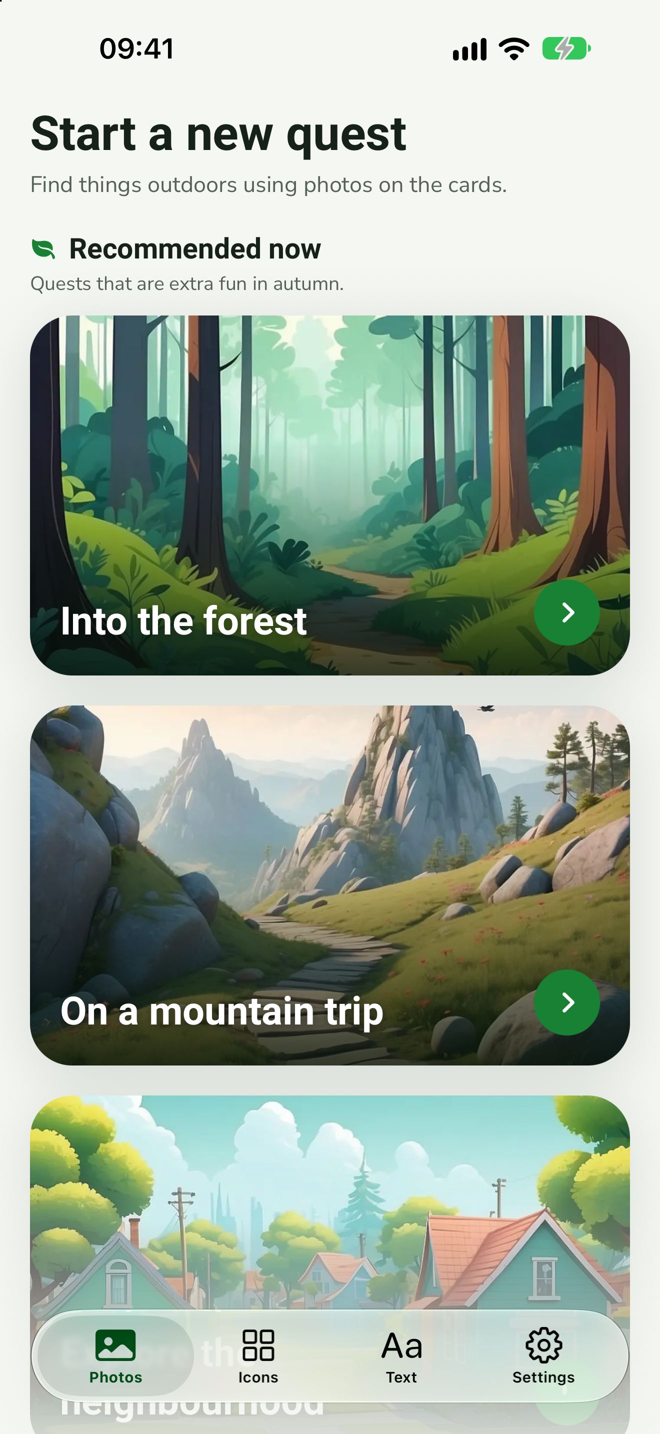 Home screen with recommended quests for autumn