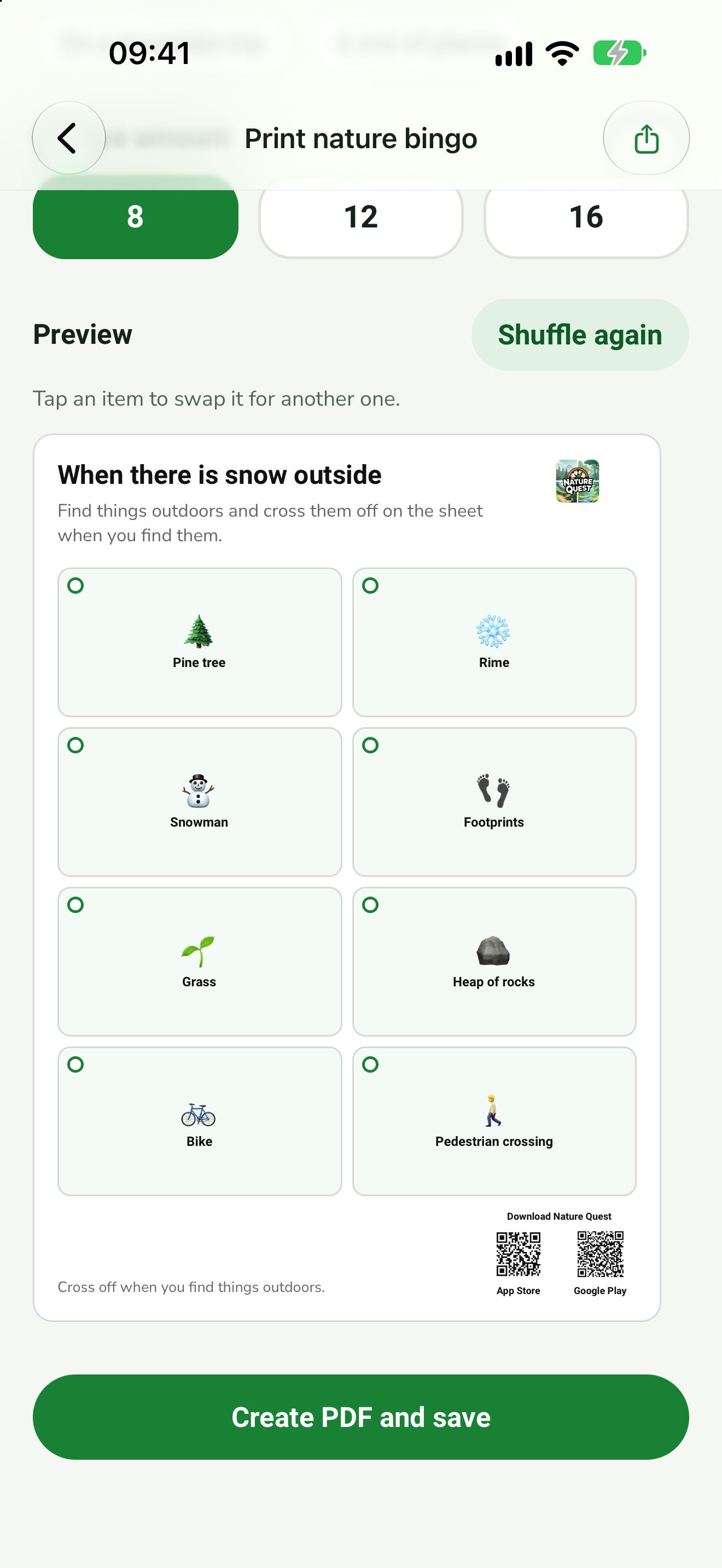 Print screen with an A4 bingo preview and QR codes