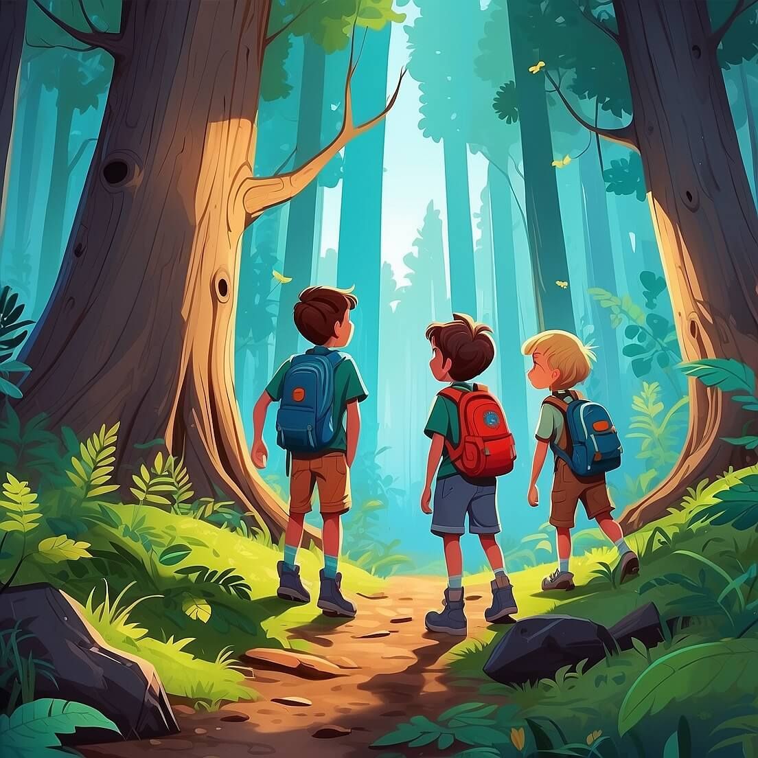 Three children exploring a forest